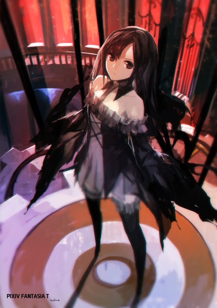 Anime picture 1417x2008 with original pixiv fantasia pixiv fantasia t swd3e2 single long hair tall image looking at viewer black hair standing brown eyes signed from above girl dress boots thigh boots gears