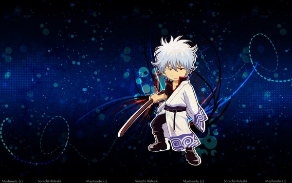 Anime picture 1680x1050 with gintama sunrise (studio) sakata gintoki single short hair simple background red eyes wide image silver hair japanese clothes wallpaper chibi curly hair boy weapon sword belt kimono knee boots