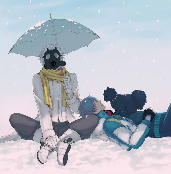 Anime picture 2000x2035 with dramatical murder nitro+chiral aoba (dmmd) clear (dmmd) ren (dmmd) koneko0220 tall image highres short hair sitting blue hair white hair lying eyes closed snowing winter snow indian style boy gloves