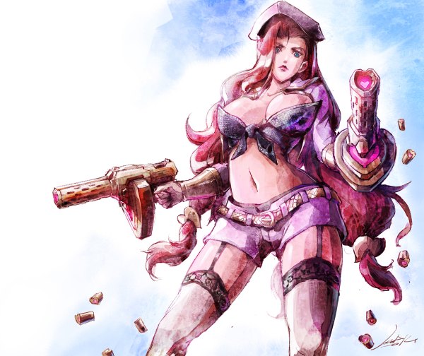 Anime picture 1200x1008 with league of legends miss fortune (league of legends) loiza single long hair looking at viewer breasts blue eyes light erotic large breasts red hair lips from below midriff glowing glowing weapon girl thighhighs navel weapon