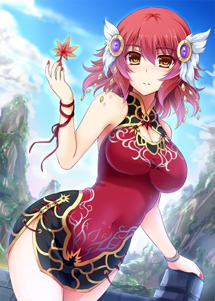 Anime picture 715x1000 with original hisenkaede single tall image looking at viewer blush short hair red eyes bare shoulders cloud (clouds) red hair mountain girl dress hair ornament