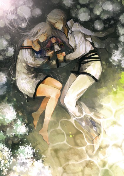 Anime picture 1181x1678 with aocean long hair tall image short hair twintails pink hair lying eyes closed barefoot grey hair holding hands sleeping girl dress boy shirt water pants doll (dolls)