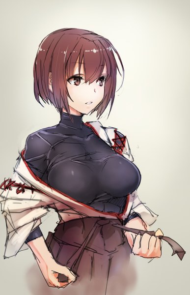 Anime picture 905x1400 with kantai collection hyuuga battleship taishi (picchiridou) single tall image fringe short hair breasts simple background brown hair large breasts brown eyes traditional clothes parted lips japanese clothes undressing sketch adjusting clothes girl bodysuit