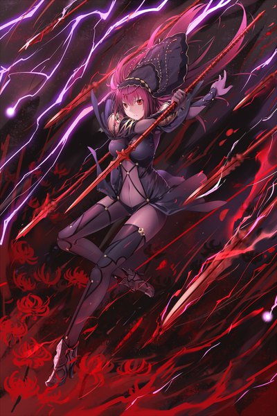Anime picture 1000x1500 with fate (series) fate/grand order scathach (fate) (all) scathach (fate) cloudy.r single long hair tall image looking at viewer fringe light erotic hair between eyes red eyes purple hair full body bent knee (knees) high heels outstretched arm lightning electricity