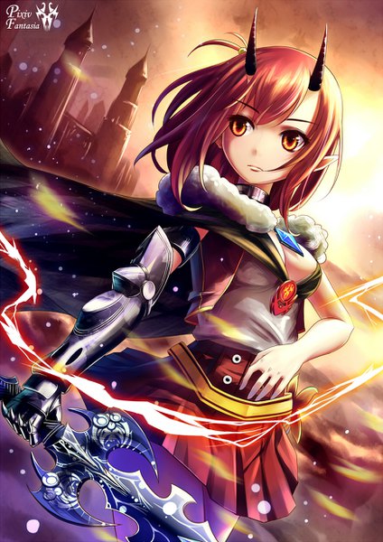 Anime picture 876x1240 with original pixiv fantasia pixiv fantasia fallen kings xiaoyin li single tall image fringe short hair breasts light erotic holding looking away red hair horn (horns) pointy ears inscription orange eyes dutch angle fur trim copyright name