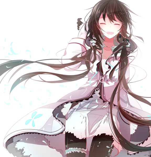Anime picture 2500x2600 with utau xia yu yao chacha (thicktea) single tall image blush fringe highres open mouth black hair simple background smile twintails eyes closed very long hair headphones around neck girl dress gloves pantyhose