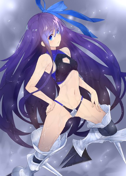 Anime picture 1110x1553 with fate (series) fate/extra fate/extra ccc meltryllis (fate) amayu single tall image looking at viewer fringe blue eyes light erotic hair between eyes purple hair bent knee (knees) very long hair sparkle wet hand on hip girl ribbon (ribbons)