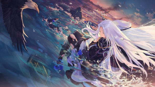 Anime picture 1919x1080 with azur lane yorktown (azur lane) criin single long hair highres wide image sitting cloud (clouds) full body bent knee (knees) white hair eyes closed sunlight dutch angle floating hair evening sunset rock torn pantyhose