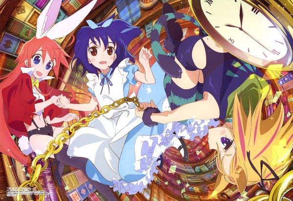 Anime picture 5935x4082 with flip flappers megami magazine kokomine cocona papika (flip flappers) yayaka (flip flappers) kojima takashi long hair blush highres open mouth blue eyes blonde hair red eyes purple eyes multiple girls blue hair absurdres red hair official art girl