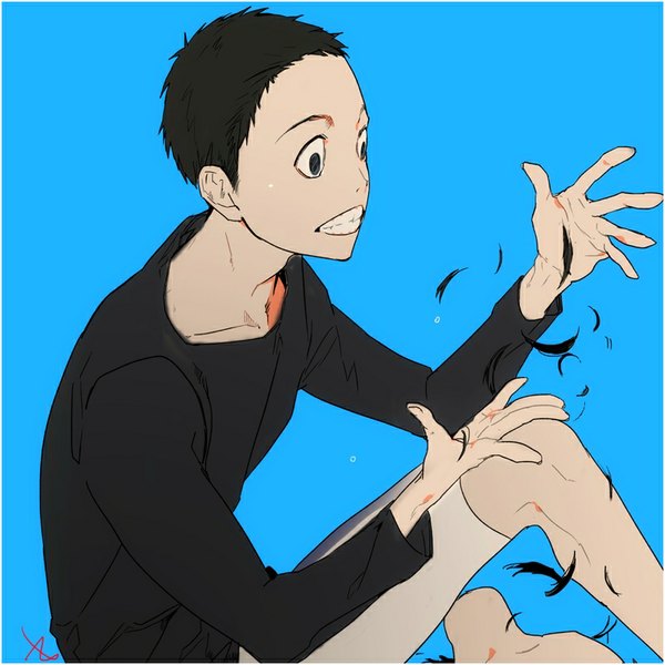 Anime picture 800x800 with yowamushi pedal midousuji akira zis (artist) single short hair black hair simple background sitting looking away black eyes blue background framed clenched teeth boy hands