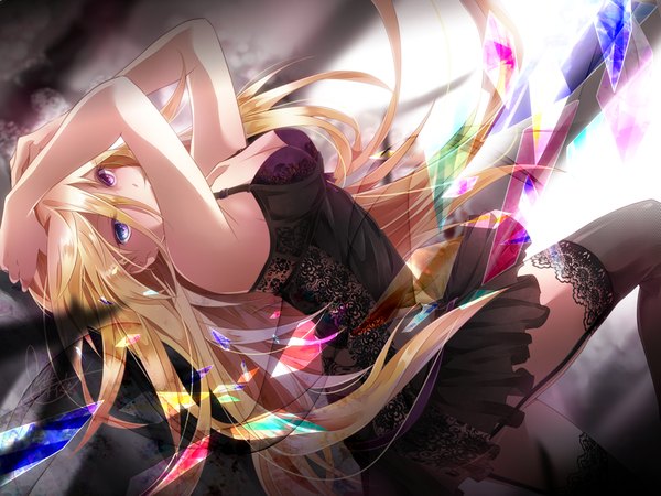 Anime picture 1000x750 with vocaloid lily (vocaloid) tyouya single long hair looking at viewer blue eyes light erotic blonde hair purple eyes heterochromia girl thighhighs dress black thighhighs