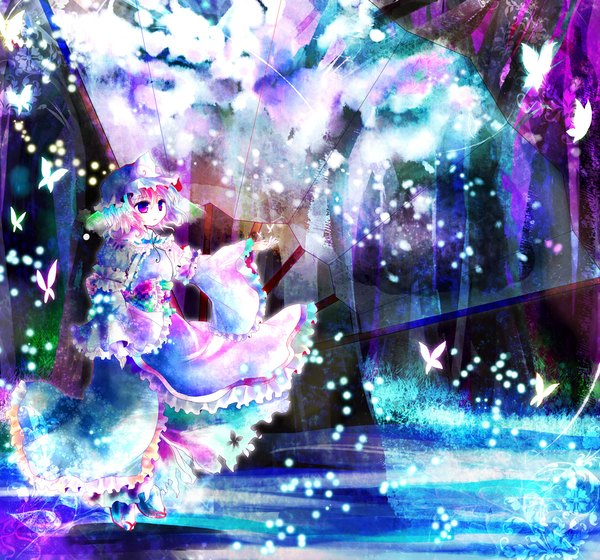 Anime picture 1080x1008 with touhou saigyouji yuyuko kazu (muchuukai) single short hair pink hair pink eyes girl dress plant (plants) tree (trees) insect butterfly bonnet