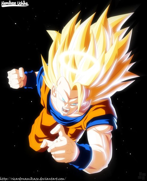 Anime picture 4652x5695 with dragon ball dragon ball z son goku ricardonamikaze single long hair tall image highres open mouth simple background blonde hair absurdres aqua eyes coloring magic black background muscle angry boy gloves