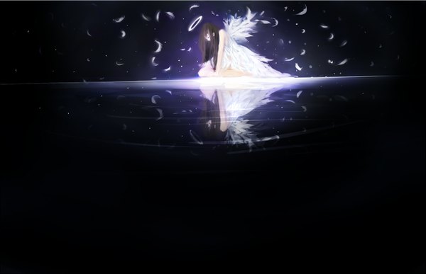 Anime picture 1213x784 with original ted (taiwan) single long hair black hair sitting eyes closed profile barefoot reflection angel wings angel girl dress wings water white dress feather (feathers) halo