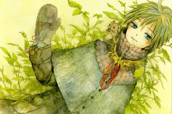 Anime picture 1053x704 with sugi (artist) green eyes green hair traditional media watercolor (medium) animal on shoulder plant (plants) animal bird (birds) winter clothes mittens squirrel