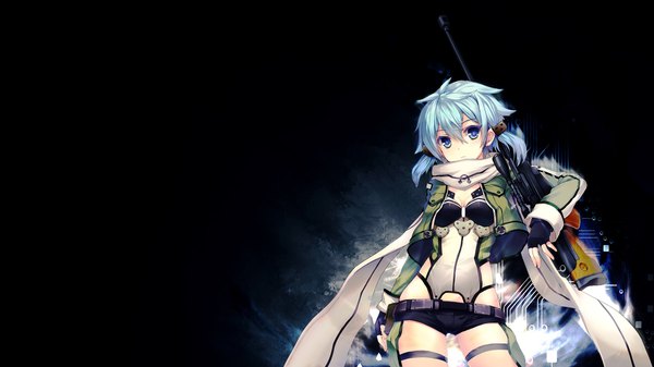 Anime picture 1920x1080 with sword art online a-1 pictures asada shino momoko (momopoco) quasixi (artist) single looking at viewer blush fringe highres short hair breasts blue eyes simple background hair between eyes wide image standing twintails holding blue hair