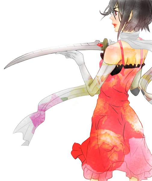 Anime picture 1313x1559 with blood+ production i.g otonashi saya srmn (artist) tall image short hair black hair red eyes white background bare shoulders lips from behind dress gloves sword elbow gloves scarf