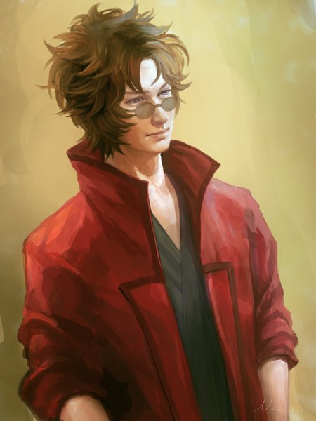 Anime picture 1250x1667 with gintama sunrise (studio) sakamoto tatsuma hangleing single tall image short hair blue eyes simple background brown hair signed realistic spiked hair boy sunglasses