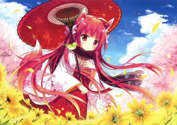 Anime picture 3300x2342 with original eshi 100-nin ten shiromochi sakura single long hair blush highres red eyes animal ears looking away pink hair absurdres sky cloud (clouds) ahoge tail traditional clothes japanese clothes animal tail wind