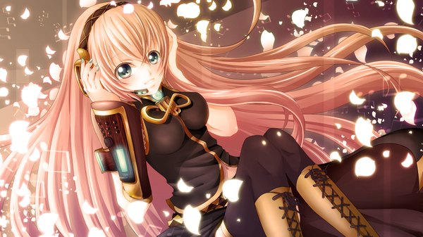 Anime picture 1920x1080 with vocaloid megurine luka single long hair highres blue eyes wide image pink hair lacing girl petals boots headphones