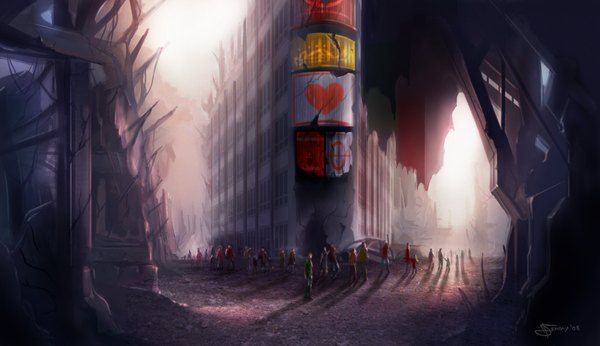 Anime picture 3465x1999 with original narcot (artist) highres wide image absurdres city group ruins post-apocalyptic building (buildings)