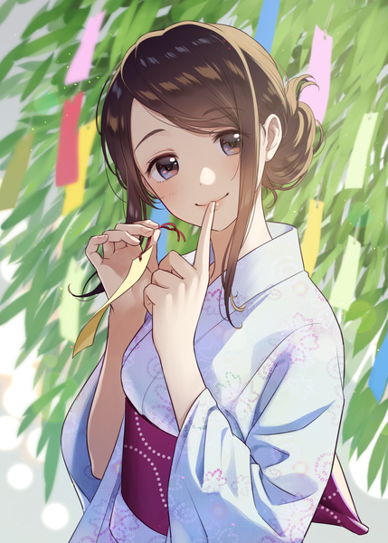Anime picture 1295x1812 with original morikura en single long hair tall image looking at viewer blush fringe brown hair holding brown eyes payot upper body traditional clothes head tilt japanese clothes wide sleeves finger to mouth tanabata girl