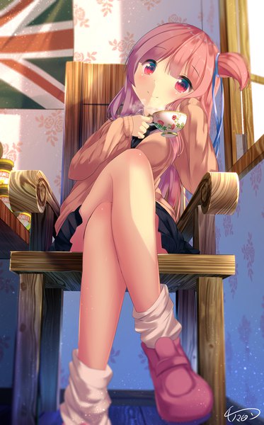 Anime picture 1246x2000 with voiceroid kotonoha akane chinomaron single long hair tall image looking at viewer blush sitting holding signed pink hair head tilt pink eyes depth of field one side up crossed legs steam head rest girl