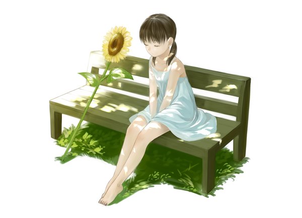 Anime picture 1000x722 with original kome single fringe short hair brown hair white background sitting twintails bare shoulders full body eyes closed barefoot girl plant (plants) grass sundress sunflower bench