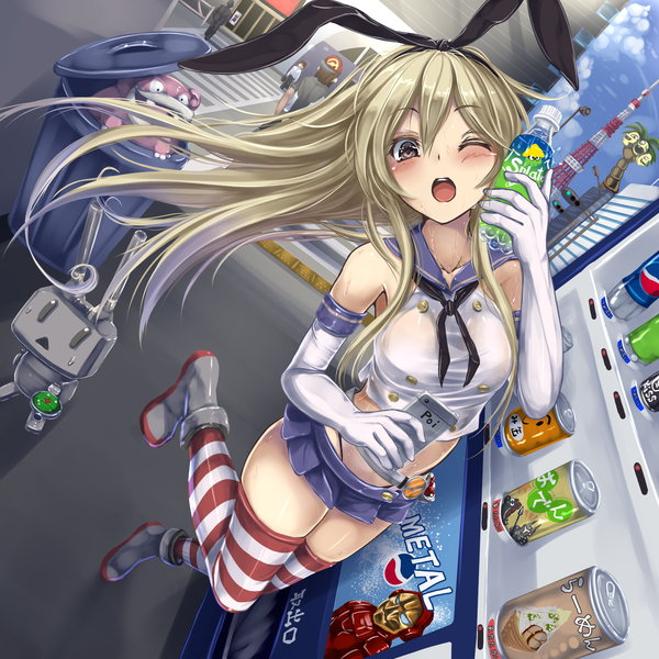 Anime picture 1600x1600 with kantai collection pokemon pokemon (game) pokemon sm splatoon pokemon go nintendo marvel comics sprite (company) pepsi shimakaze destroyer rensouhou-chan slowpoke iron man (character) exeggutor monikano single long hair looking at viewer blush