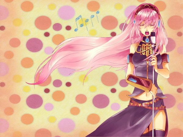 Anime picture 1400x1050 with vocaloid megurine luka single long hair open mouth pink hair eyes closed singing music girl navel headphones microphone microphone stand