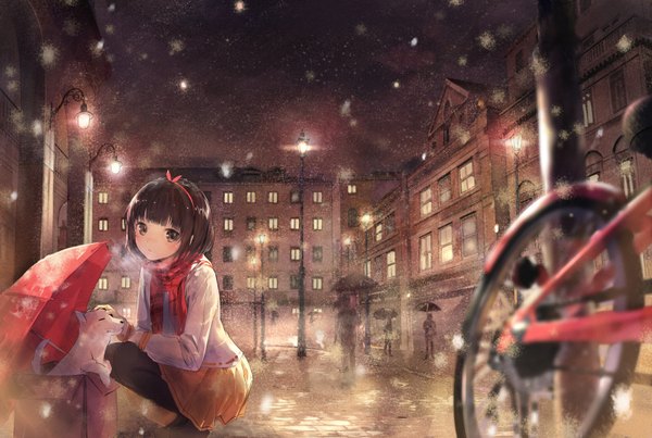 Anime picture 1694x1138 with original shouin looking at viewer blush fringe short hair brown hair brown eyes bent knee (knees) outdoors eyes closed pleated skirt night night sky city snowing winter snow squat cityscape