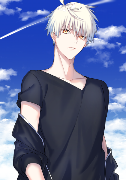 Anime picture 1035x1479 with fate (series) fate/grand order fate/prototype artoria pendragon (all) saber alter arthur pendragon (fate) seseragi azuma single tall image looking at viewer fringe short hair hair between eyes yellow eyes sky cloud (clouds) upper body white hair genderswap condensation trail