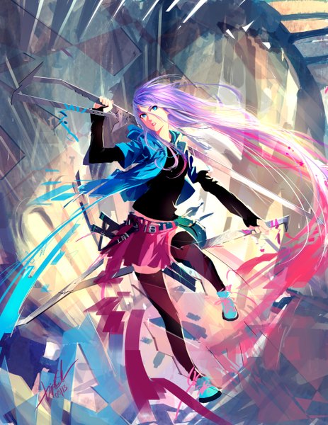 Anime picture 4279x5539 with original diegoocunha single tall image highres open mouth blue eyes signed looking away absurdres purple hair very long hair pleated skirt open jacket zettai ryouiki lipstick fighting stance pink lipstick abstract girl