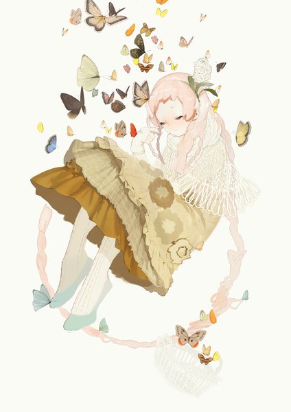 Anime picture 1000x1415 with original kaninnvven single long hair tall image blush white background pink hair braid (braids) eyes closed very long hair hair flower girl skirt hair ornament flower (flowers) pantyhose scarf fingerless gloves insect
