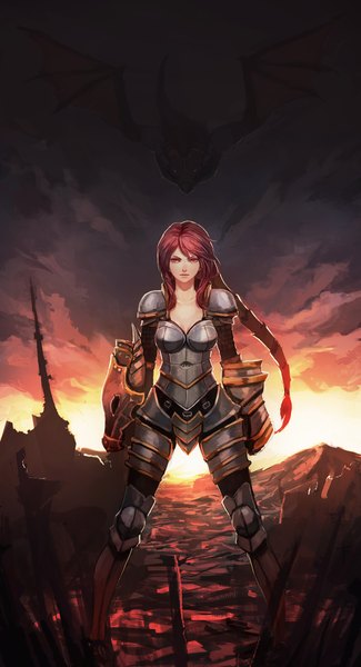 Anime picture 1000x1842 with league of legends shyvana (league of legends) bryanth toumatomato single long hair tall image looking at viewer fringe red eyes sky cloud (clouds) red hair tail braid (braids) spread legs single braid evening sunset flying