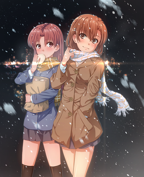 Anime picture 965x1191 with to aru kagaku no railgun j.c. staff misaka mikoto shirai kuroko puma (hyuma1219) long hair tall image blush fringe short hair brown hair standing multiple girls brown eyes looking away head tilt light smile night snowing winter