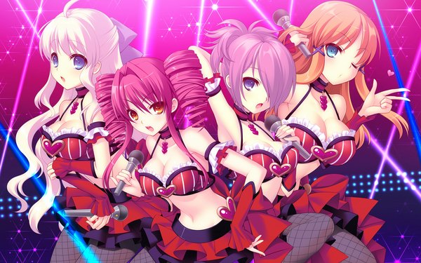 Anime picture 1920x1200 with prismatic princess union stars long hair fringe highres short hair open mouth blue eyes red eyes wide image purple eyes bare shoulders multiple girls pink hair game cg ahoge white hair red hair one eye closed wink hair over one eye