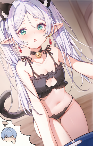 Anime picture 3000x4700 with sousou no frieren frieren himmel (sousou no frieren) misyune single long hair tall image looking at viewer highres short hair open mouth light erotic twintails green eyes animal ears blue hair silver hair tail animal tail pointy ears