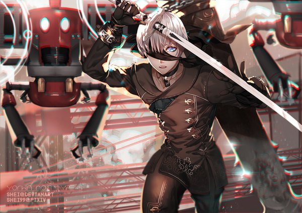 Anime picture 1273x900 with nier nier:automata yorha no. 9 type s shei99 looking at viewer fringe short hair open mouth blue eyes holding signed white hair arms up outstretched arm watermark walking sheathed blindfold boy gloves