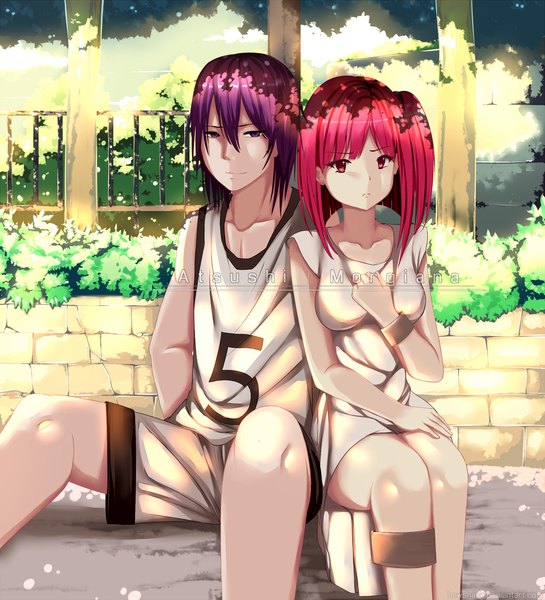 Anime picture 1152x1268 with magi the labyrinth of magic a-1 pictures morgiana hews tall image short hair red eyes sitting purple eyes purple hair red hair spread legs one side up hand on chest sad brick wall girl dress boy plant (plants)