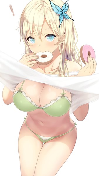 Anime picture 720x1276 with boku wa tomodachi ga sukunai kashiwazaki sena cait single long hair tall image looking at viewer blush fringe breasts blue eyes light erotic blonde hair simple background hair between eyes white background sitting bare shoulders holding cleavage