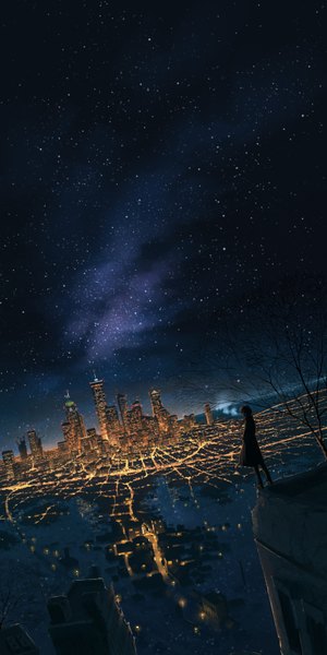 Anime picture 868x1737 with original pochi (poti1990) single tall image short hair standing from above night night sky city cityscape city lights bare tree ambiguous gender plant (plants) tree (trees) building (buildings) star (stars) coat skyscraper