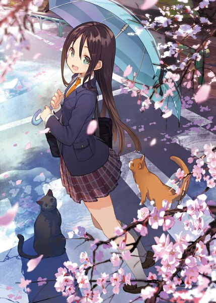 Anime picture 642x900 with original shirabi single long hair tall image looking at viewer open mouth blue eyes brown hair cherry blossoms girl skirt uniform flower (flowers) plant (plants) school uniform miniskirt animal tree (trees) socks