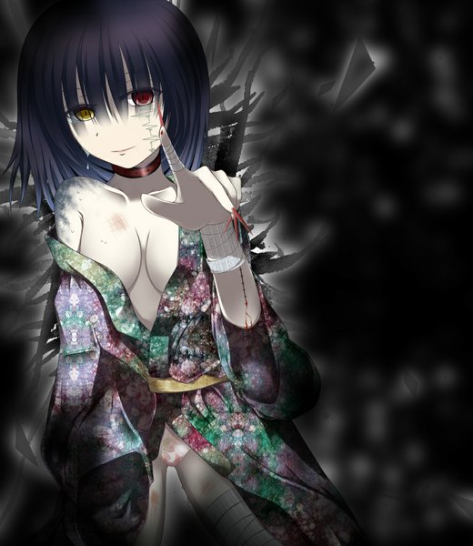 Anime picture 1000x1153 with original karube karu tall image looking at viewer short hair breasts light erotic black hair japanese clothes heterochromia scar girl underwear panties kimono blood bandage (bandages)