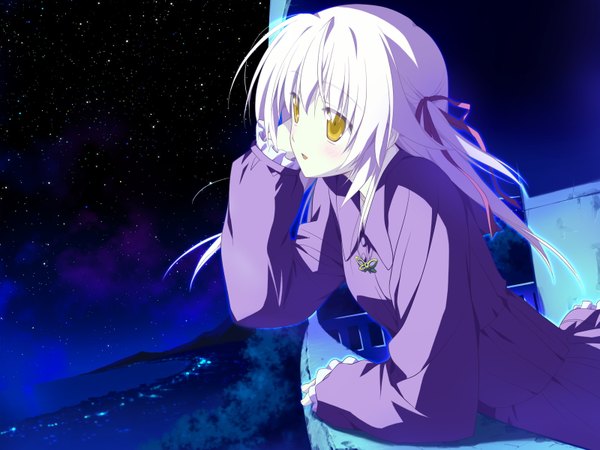 Anime picture 1600x1200 with hoshizora no memoria ototsu yume shida kazuhiro blush short hair yellow eyes game cg white hair night night sky girl ribbon (ribbons) hair ribbon