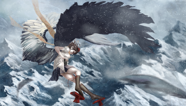 Anime picture 2000x1149 with touhou shameimaru aya akaikitsune single highres short hair breasts black hair wide image wind snowing winter snow mountain fantasy girl skirt shirt wings socks