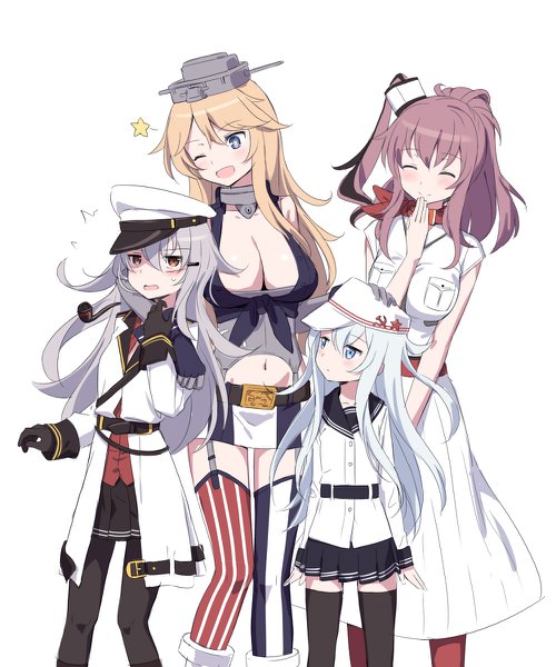 Anime picture 1000x1200 with kantai collection hibiki destroyer verniy destroyer iowa (kantai collection) saratoga (kantai collection) gangut (kantai collection) cnm long hair tall image blush fringe breasts blue eyes light erotic blonde hair simple background smile brown hair large breasts standing