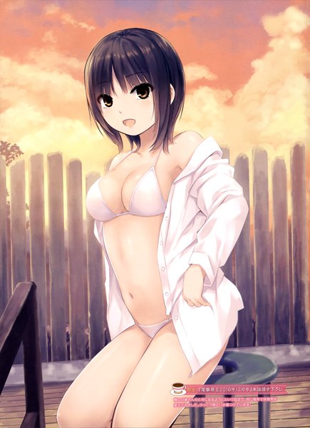 Anime picture 2874x3962 with original aoyama sumika coffee-kizoku single tall image looking at viewer highres short hair breasts open mouth light erotic black hair brown eyes scan open shirt girl navel swimsuit bikini shirt
