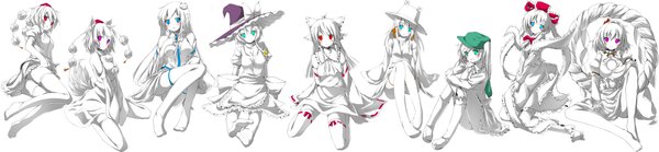 Anime picture 4306x1000 with touhou hakurei reimu kirisame marisa kochiya sanae shameimaru aya inubashiri momiji moriya suwako kagiyama hina kawashiro nitori yasaka kanako nironiro long hair highres short hair blue eyes red eyes wide image sitting bare shoulders multiple girls