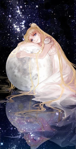 Anime picture 897x1750 with bishoujo senshi sailor moon shingeki no kyojin toei animation production i.g princess serenity single long hair tall image looking at viewer blue eyes blonde hair sitting light smile night hair bun (hair buns) night sky hug reflection space girl